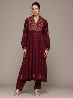 Ritu Kumar - Maroon Diah Embroidered Kurta with Pant (Set of 2)