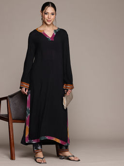 Ritu Kumar - Black Solid Kurta with Ikat Printed Pant (Set of 2)