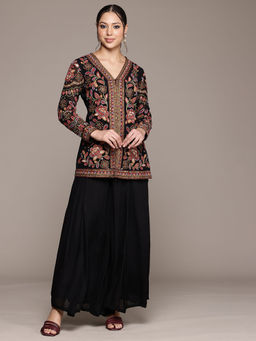 Ritu Kumar - Black Valentine Embroidered Kurti with Sharara (Set of 2)