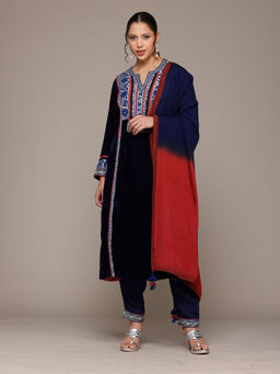 Ritu Kumar - Navy Blue Azra Printed Kurta with Pant and Dupatta (Set of 3)