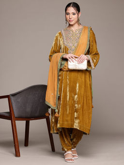 Ritu Kumar - Yellow Pushp Embroidered Kurta with Salwar and Dupatta (Set of 3)