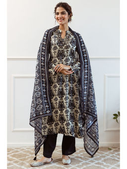 Nehamta - Black & Cream Rayon Printed Kurta with Pant and Dupatta (Set of 3)