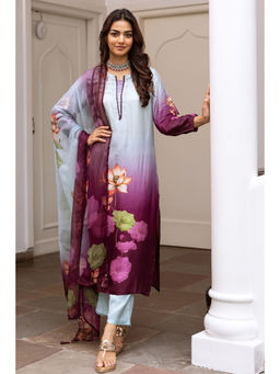 Nehamta - Blue & Purple Dola Silk Kurta with Pant and Dupatta (Set of 3)