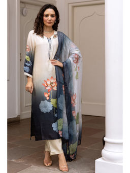 Nehamta - Cream & Navy Blue Dola Silk Kurta with Pant and Dupatta (Set of 3)