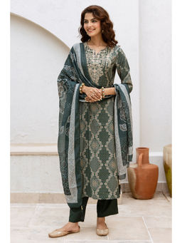 Nehamta - Bottle Green Modal Muslin Printed Kurta with Pant and Dupatta (Set of 3)