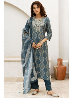 Nehamta - Teal Modal Muslin Printed Kurta with Pant and Dupatta (Set of 3)