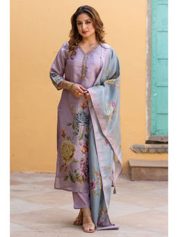 Nehamta - Purple Tissue Silk Floral Print Kurta with Pant and Dupatta (Set of 3)