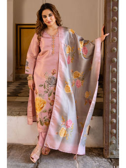 Nehamta - Pink Tissue Silk Floral Print Kurta with Pant and Dupatta (Set of 3)