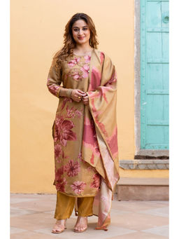 Nehamta - Brown Tissue Floral Print Silk Kurta with Pant and Dupatta (Set of 3)
