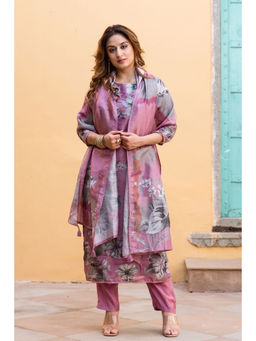 Nehamta - Purple Tissue Floral Print Silk Kurta with Pant and Dupatta (Set of 3)