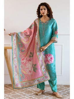 Nehamta - Turquoise Tissue Silk Floral Print Kurta with Pant and Dupatta (Set of 3)
