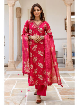 Nehamta - Pink Modal Muslin Printed Kurta with Pant and Dupatta (Set of 3)