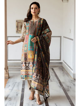 Nehamta - Beige Modal Tissue Printed Kurta with Pant and Dupatta (Set of 3)