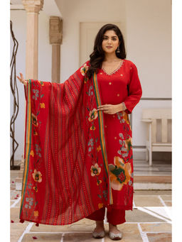 Nehamta - Red Modal Muslin Floral Print Kurta with Pant and Dupatta (Set of 3)