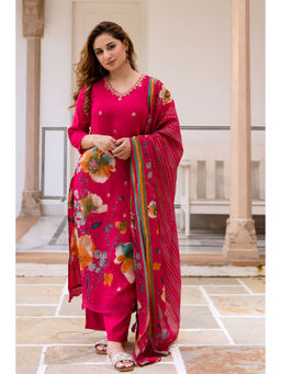 Nehamta - Pink Modal Muslin Floral Print Kurta with Pant and Dupatta (Set of 3)
