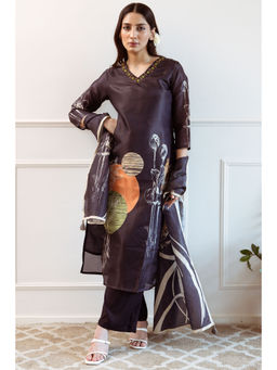 Nehamta - Black Tissue Silk Floral Printed Kurta with Pant and Dupatta (Set of 3)