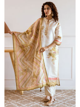 Nehamta - Cream Tissue Silk Floral Print Kurta with Pant and Dupatta (Set of 3)