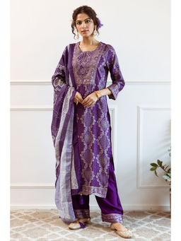 Nehamta - Purple Modal Muslin Printed Kurta with Pant and Dupatta (Set of 3)