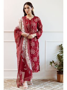 Nehamta - Red Modal Muslin Floral Print Kurta with Pant and Dupatta (Set of 3)