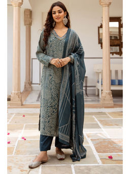 Nehamta - Teal Modal Paisley Print Muslin Kurta with Pant and Dupatta (Set of 3)