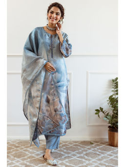 Nehamta - Blue & Grey Tissue Silk Kurta with Pant and Dupatta (Set of 3)