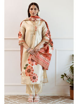 Nehamta - Beige & Red Tissue Silk Kurta with Pant and Dupatta (Set of 3)