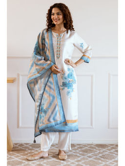 Nehamta - Cream Tissue Silk Floral Print Kurta with Pant and Dupatta (Set of 3)