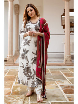 Nehamta - Cream & Black Viscose Floral Print Kurta with Pant and Dupatta (Set of 3)