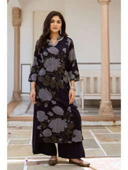 Nehamta - Navy Blue Rayon Floral Print Kurta and Palazzo (Set of 2)
