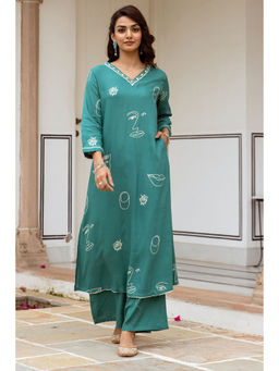Nehamta - Green Rayon Printed Kurta with Palazzo (Set of 2)