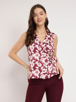 FableStreet - Stretchable Satin Floral Wrap Burgundy Top