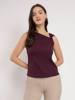 FableStreet - Stretchable Asymmetric Neck Burgundy Top