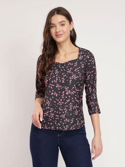 FableStreet - Sweetheart Neck Ditsy Black Top