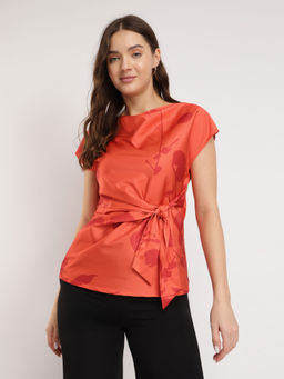 FableStreet - Stretchable Satin Tie Up Orange Top