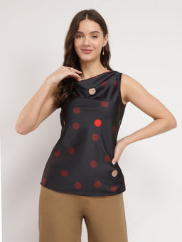 FableStreet - Stretchable Satin Polka Black Top