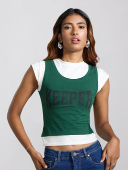 MIXT by Nykaa Fashion - Green Graphic Cap Sleeves Crop Top