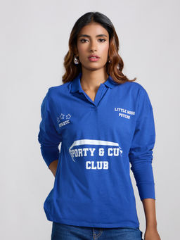 MIXT by Nykaa Fashion - Royal Blue Graphic Collar Neck Full Sleeves T-Shirt