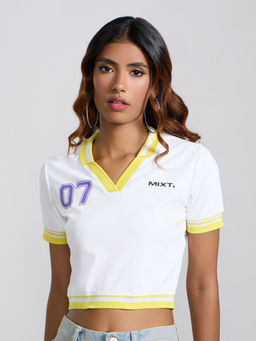 MIXT by Nykaa Fashion - White Graphic Collar Neck Short Sleeve T-Shirt