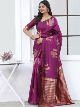 Suha - Women Fashion Ethnic Silk Blend Purple Saree with Unstitched Blouse