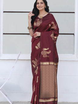 Suha - Women Fashion Ethnic Silk Blend Maroon Saree with Unstitched Blouse