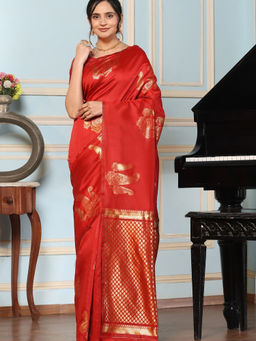 Suha - Women Fashion Ethnic Silk Blend Red Saree with Unstitched Blouse