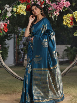 Suha - Women Fashion Ethnic Silk Blend Teal Saree with Unstitched Blouse