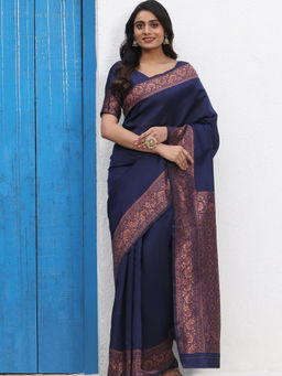 Suha - Women Fashion Ethnic Silk Blend Navy Blue Saree with Unstitched Blouse