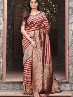 Suha - Women Fashion Ethnic Silk Blend Maroon Saree with Unstitched Blouse