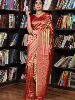 Suha - Women Fashion Ethnic Silk Blend Red Saree with Unstitched Blouse