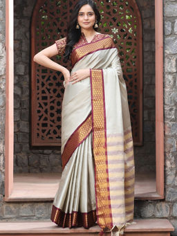 Suha - Women Fashion Ethnic Pure Silk Beige Saree with Unstitched Blouse