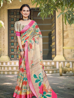 Suha - Women Fashion Ethnic Pure Cotton Beige Saree with Unstitched Blouse