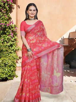 Suha - Women Fashion Ethnic Pure Cotton Red Saree with Unstitched Blouse