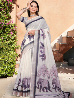 Suha - Women Fashion Ethnic Pure Cotton Off White Saree with Unstitched Blouse