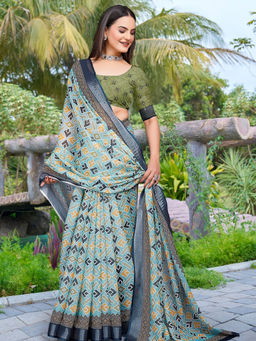 Suha - Women Fashion Ethnic Pure Cotton Blue Saree with Unstitched Blouse